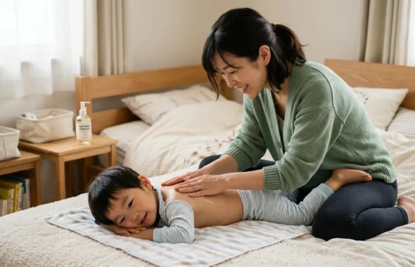 ベッドで子供の背中をマッサージする母親