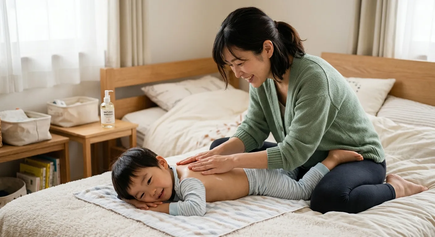 ベッドで子供の背中をマッサージする母親