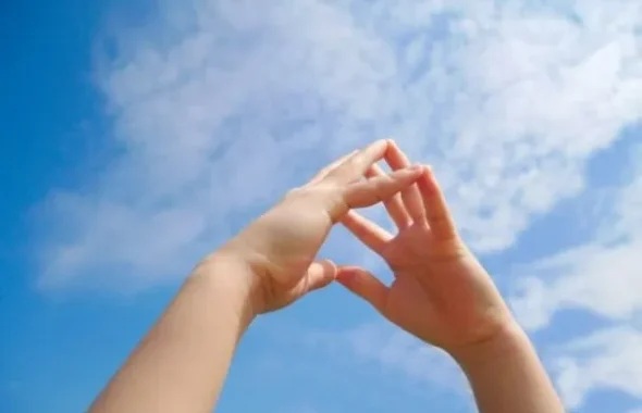 青空に向かって伸びる子供の両手