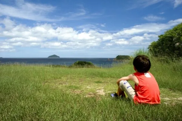 草原に座って海を眺める男の子の後ろ姿