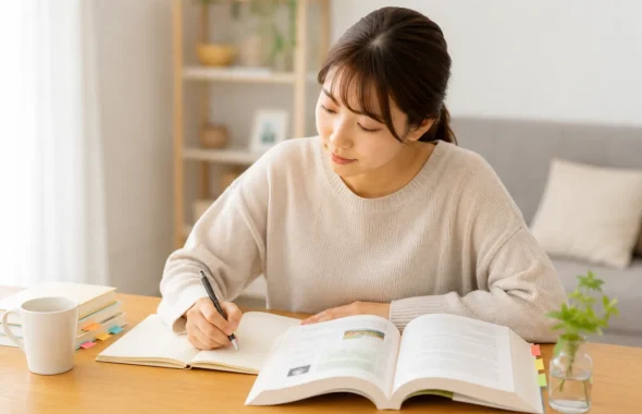 本を読みながらノートを取る女性