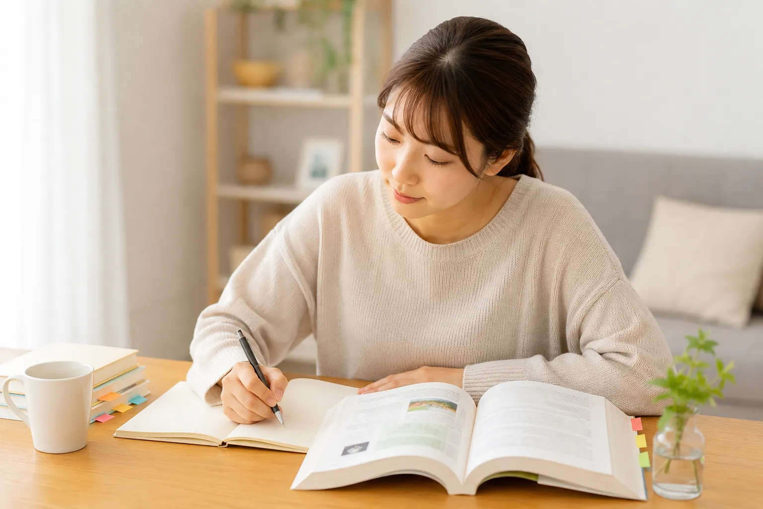 本を読みながらノートを取る女性